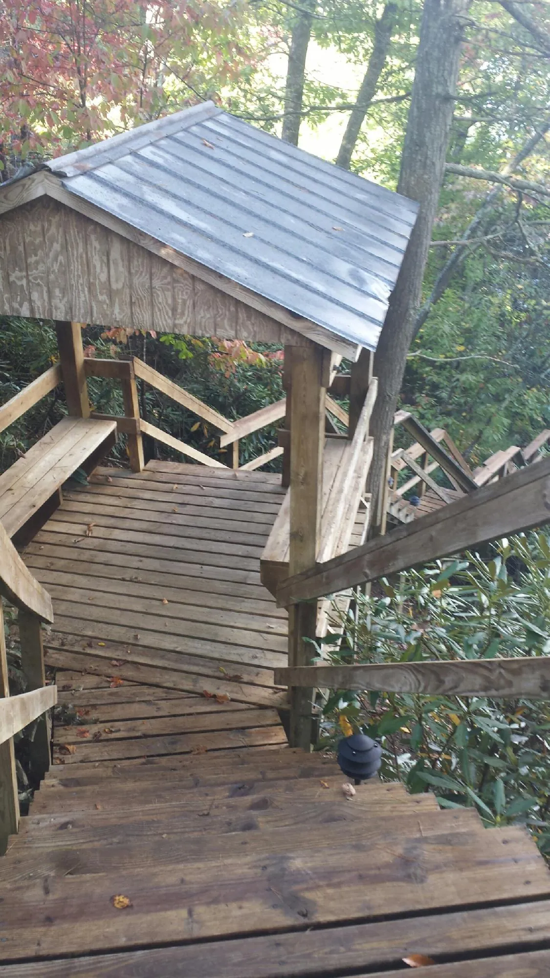 Metal roofed shelter over wooden steps on a wooded walkway — Skylight Repair & Installation work by our crew in Zieglerville